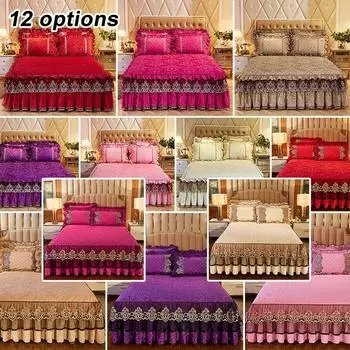 3 шт. покрывала в европейском стиле с кристаллами и бархатом, кружевное покрывало, теплое эластичное стеганое покрывало с оборками и наволочкой 150cmX200cm