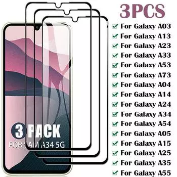 3 шт. Полное закаленное стекло для Samsung Galaxy A53 A54 A55 A35 A15 A05S A03S A14 A34 A24 A13 A23 A33 A73 Защитная пленка для экрана For Samsung A12 чистый