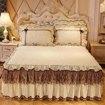3 шт. Постельные принадлежности Текстиль Принцесса Кружево Стеганое покрывало Покрывало Полиэстер Хлопок Роскошное покрывало Юбки Кружевное покрывало Юбка Подкладки 200*230cm бежевый