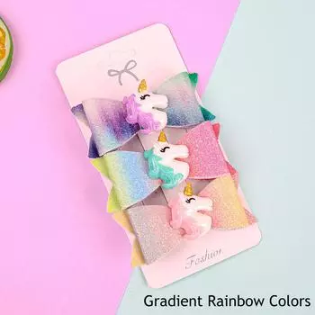 3 шт. Радужные банты для волос с заколками Милые заколки для волос в виде единорога Заколки-автоматы Банты для волос с блестками Заколки для волос Детские детские аксессуары для волос