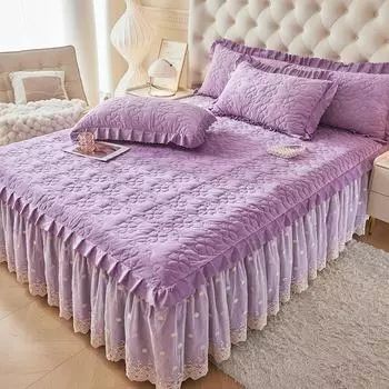 3 шт. Роскошный комплект постельного белья с юбкой, однотонный, приятный для кожи, стеганый, с кружевным ремешком (1 Подзор + 2 Наволочки, Без Сердечника) 1.5m bed skirt 3pcs set