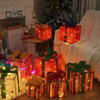 3 шт. Рождественские светящиеся подарочные коробки с функцией памяти, портативные светящиеся подарочные коробки на батарейках, рождественские украшения D