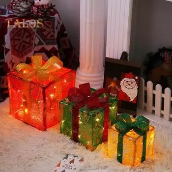 3 шт. Рождественские светящиеся подарочные коробки с функцией памяти, портативные светящиеся подарочные коробки на батарейках, рождественские украшения E