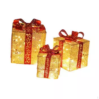 3 шт. Рождественские светящиеся подарочные коробки с украшениями и светящимися бантами для крыльца, внутреннего двора gold and red