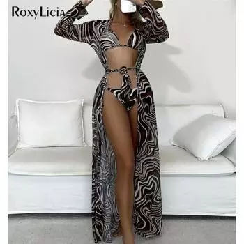 3 шт. с длинным платьем, бикини с струящимся узором, женские купальники, женский купальник, комплект бикини из трех частей, купальный костюм для плавания S синий