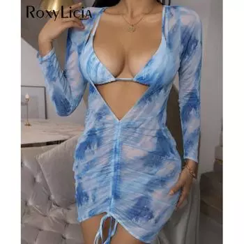 3 шт. с глубоким V-образным вырезом, бикини, женский купальник, женский купальник, комплект бикини из трех предметов, купальный костюм, купальный костюм S синий