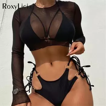 3 шт. сетчатый прозрачный бикини с длинными рукавами на бретельках женский купальник женский купальник из трех частей комплект бикини купальный костюм для плавания S чёрный