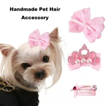 3 шт., шпилька для волос ручной работы из искусственного жемчуга, корона, бант, украшение со стразами, заколка для волос, Тедди, длинношерстная кошка, собака, зажим BB, головной убор принцессы, аксессуар на день рождения розовый