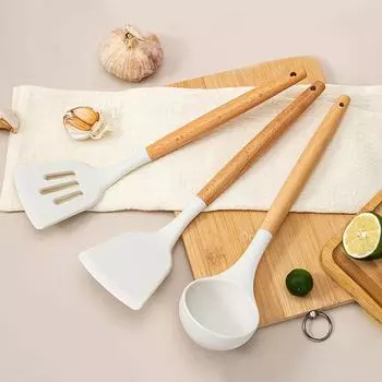 3 шт., силиконовая лопатка с деревянной ручкой, кухонная утварь, набор силиконовых лопаток, кухонная ложка, набор кухонных принадлежностей, лопата 3PCS