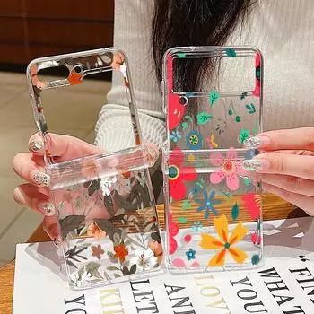 3 шт. складной прозрачный чехол для телефона Samsung Z Flip6 Flip5 Flip4 Flip3 ударопрочный мультяшный красочный цветочный узор складной ПК жесткий тонкий чехол Samsung Z Flip6