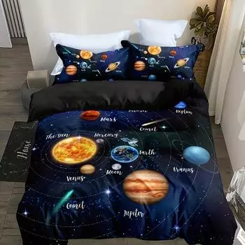 3 шт. солнечного постельного белья Planet Star Galaxy Kids гостевая комната пододеяльник комплект (1шт* пододеяльник + 2шт наволочка, без наволочки) 135X200cm 3PCS