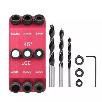 3 шт. сверла 6 мм, 8 мм, 10 мм сверло + 30, 45, 90-градусный направляющий кондуктор, направляющая для сверления карманных отверстий, столярные направляющие, многоугловой позиционер для деревообработки Drill Bits & Guide Jig