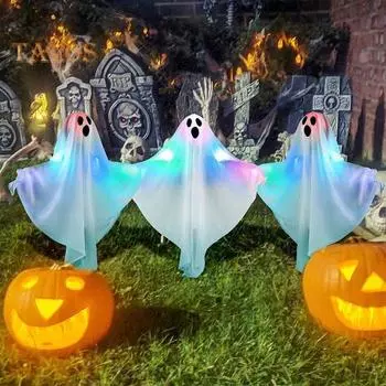 3 шт. светящихся подвесных привидения, большие светящиеся летающие светодиодные привидения с синим светом для Хэллоуина, двора, дерева, крыльца, патио, газона, сада, декора белый