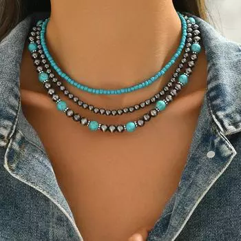 3 шт. Винтажное ожерелье в стиле вестерн-ковбой с несколькими слоями из искусственного жемчуга и бирюзового риса, регулируемая длина, женское ожерелье, подарки на отпуск SIZE-ONE SIAZE
