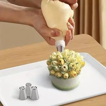 3 шт. в упаковке, насадка для украшения торта, кекса, насадка для глазури из нержавеющей стали, насадка для украшения безе с розами и масляным кремом серебряный