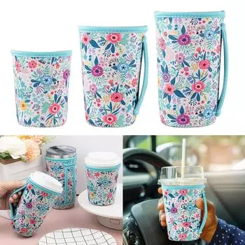 3 шт. в упаковке, термочехлы для чашек с цветочным принтом, набор для холодных напитков, чехлы для чашек для кофе со льдом и ручкой