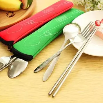 3 шт. вилка, ложка, палочки для еды, столовые приборы из нержавеющей стали, портативная сумка для кемпинга зелёный