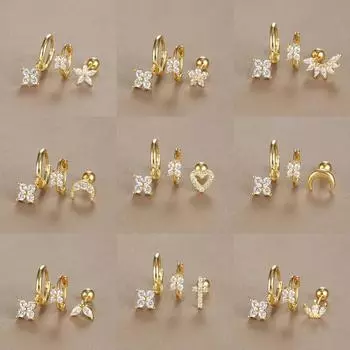 3 шт. винтажный дизайн, четыре цветка, циркониевые серьги-кольца, набор для женщин, крошечные серьги из нержавеющей стали для пирсинга хряща, ювелирные изделия, подарок 3 PCS WITH A SET