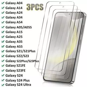 3 шт. закаленное стекло для Samsung A54 A34 A24 A14 A04 A15 A05S A25 A35 A55 Защитная пленка для экрана для Samsung S24 Ultra S23 S22 Plus S21 For Samsung A12 чистый