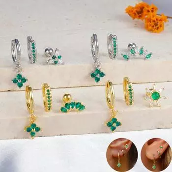 3 шт. зеленые циркониевые серьги-кольца в форме цветка женские крошечные серьги из нержавеющей стали для пирсинга хряща модные ювелирные наборы
