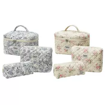 3 шт., женская косметичка с цветочным принтом, мягкая сумка-органайзер, большая вместительная хлопковая сумка для хранения на молнии для девочек, набор Style 1