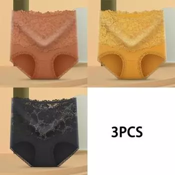 3 шт. Женские кружевные трусики с высокой талией - Контроль живота, Подтяжка бедер, Удобные, Дышащие и Бесшовные, Сексуальный треугольный дизайн M