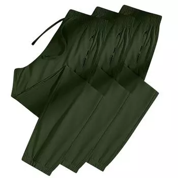 3 шт. Женские повседневные хлопково-льняные однотонные длинные прямые брюки на резинке с кулиской L армия зеленый