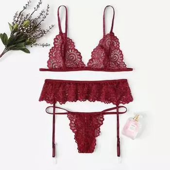 3 шт., женские сексуальные кружевные прозрачные ночные рубашки, пижамный комплект, нижнее белье с разрезом, стринги, комплекты нижнего белья S чёрный