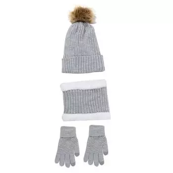 3 шт. женские шапки, шарф, перчатки, комплект, зимняя теплая вязаная шапка, шарфы, однотонная утолщенная шапка, шарф, комплект, аксессуары 1Set серый