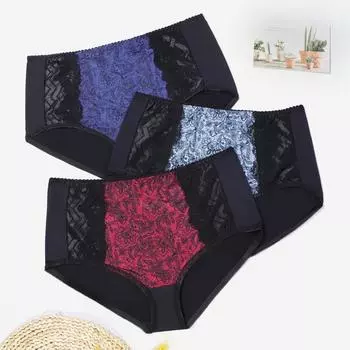 3 шт. женские трусики больших размеров, трусы с цветочным принтом, кружевные ультратонкие женские трусы Xl-6Xl 3XL разноцветный
