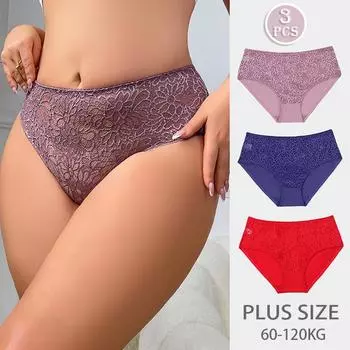 3 шт. Женские ультратонкие трусики больших размеров, однотонные цветочные кружевные трусики в стиле пэчворк 0Xl-5Xl 5XL