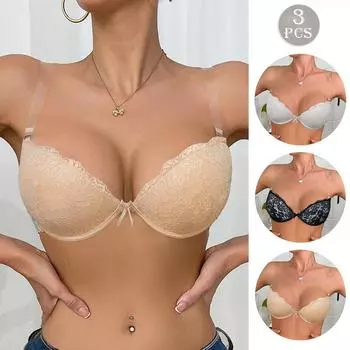3 шт. Женский невидимый бюстгальтер, сексуальное кружевное прозрачное нижнее белье с бретельками сзади, с подкладкой, пуш-ап, на косточках, нижнее белье для вечернего платья, чашка BC 85B