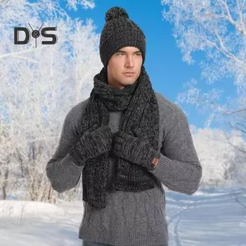 3 шт. Зимняя теплая вязаная шапка-бини, перчатки для сенсорного экрана, шарф, набор для женщин и мужчин, катание на лыжах, коньках, кемпинге, вождении, спорте на открытом воздухе, подарки темно-синий