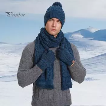 3 шт. Зимняя теплая вязаная шапка-бини, перчатки для сенсорного экрана, шарф, набор для женщин и мужчин, катание на лыжах, коньках, кемпинге, вождении, спорте на открытом воздухе, подарки темно-синий