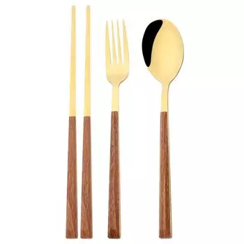 3 шт. Золотая вилка, ложка, палочки для еды, набор столовых приборов, набор столовой посуды с деревянной ручкой, зеркало, посуда из нержавеющей стали, вечерние кухонные столовые приборы серебряный