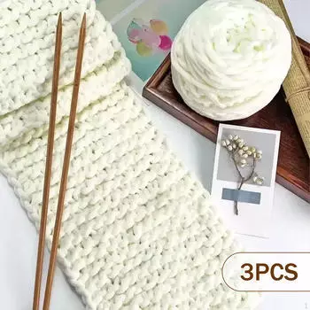 3 Skeins Chunky Chenille 7mm Thick 70M Long for Hand Knitting Cushion Blanket Gloves Beginners белый