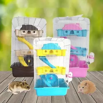 3-слойная клетка для домашних животных в форме виллы с кормушкой на бегущем колесе для хомяка 23x17x40cm розовый