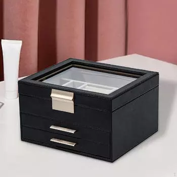 3-слойная шкатулка для украшений для женщин, футляр для хранения со стеклянной крышкой, чёрный