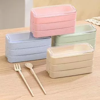 3-слойный ланч-бокс Bento для детей, ланч-бокс из пшеничной соломы с ложкой и вилкой, герметичный переносной контейнер для еды для взрослых, пригодный для использования в микроволновой печи розовый