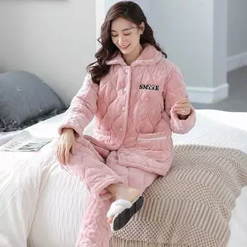 3 слоя кораллового бархата стеганый пижамный комплект повседневная женская пижама ночная рубашка толстый женский кардиган с лацканами теплая фланелевая домашняя одежда M