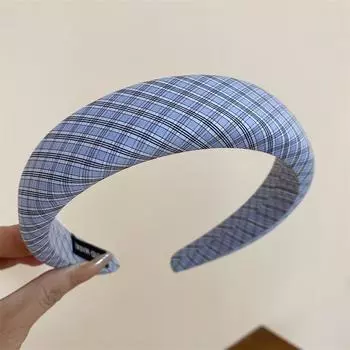 3 см Милая голубоватая клетчатая повязка на голову с губчатой подкладкой для женщин и девочек Весенне-летнее повседневное уличное украшение для волос