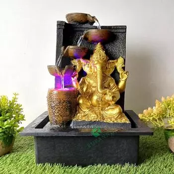3 Step Ganesha Table Top Water Fountain with RGB LED Light for Home Dcor/Gift/Vastu/Pooja/Reception/House Warming (Brown Stone & Gold)