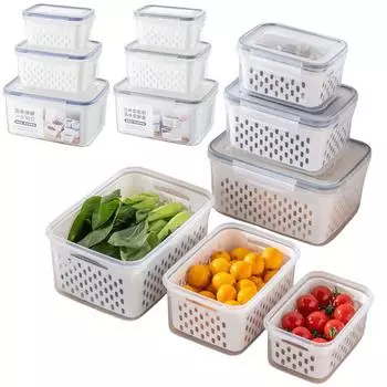 3 упаковки контейнеров для хранения фруктов со съемными дуршлагами. Свежий контейнер без бисфенола А. Сохраняет фрукты, овощи, ягоды, мясо свежими дольше. серый