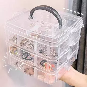 3-уровневый пластиковый ящик для хранения, съемный, портативный, для хранения ювелирных изделий, трехслойный, съемный, прозрачный, для хранения косметических игрушек