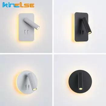 3 Вт 6 Вт светодиодный настенный светильник с подсветкой, вращающийся, регулируемый, прожектор, лампа с подсветкой, с выключателем, для спальни, прикроватная тумбочка, кабинет, бра для чтения Warm White (2700-3500K)