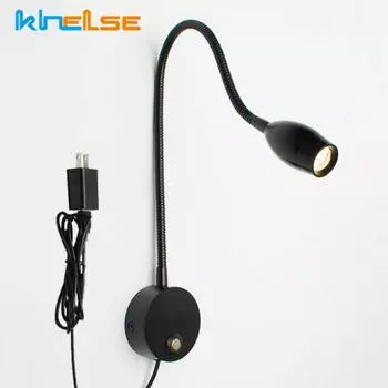 3 Вт скандинавский светодиодный настенный светильник для чтения с регулируемой яркостью на гибкой шее прикроватный светильник для изучения книг настенное крепление для спальни светильник с вилкой США/ЕС 3W&Warm White Dim&US Plug чёрный