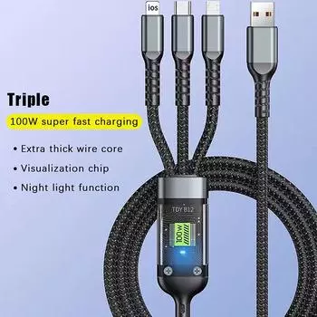 3-в-1 100 Вт быстрая зарядка USB-Type-C Micro кабель для быстрой зарядки для iPhone 15 Samsung Xiaomi Huawei