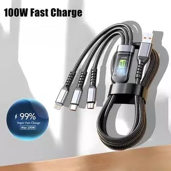 3 в 1 100 Вт прозрачный кабель для быстрой зарядки Type C Usb Micro для iPhone Samsung Huawei Xiaomi Pilot Lamp Charger Usb C 1.2m чёрный