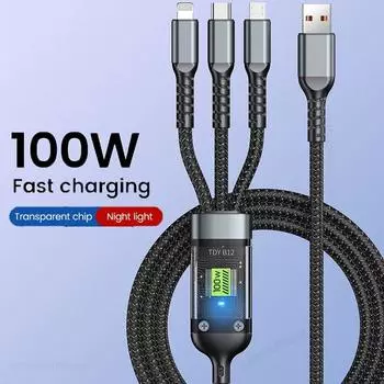 3 в 1 100 Вт прозрачный кабель для быстрой зарядки Type C Usb Micro для Huawei OPPO Vivo Samsung Xiaomi Pilot Lamp Charger Usb C 6A 1.2m чёрный