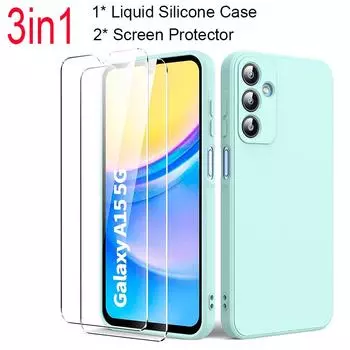 3 в 1 1 * Роскошный жидкий силиконовый чехол + 2 * Защитная пленка для экрана для Samsung Galaxy A15 4G 5G A 15 Мягкий чехол из закаленного стекла for Samsung A15 светло-зеленый